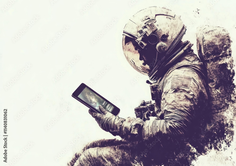 Poster astronaut using a tablet in space, blending technology with exploration.
