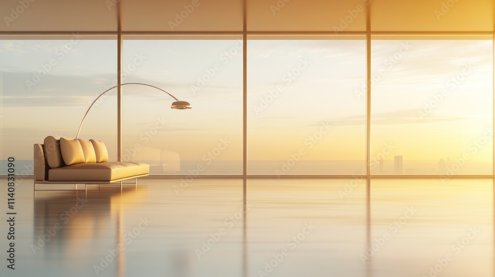 Poster a minimalist living space with a sofa and large windows showcasing a sunset view.