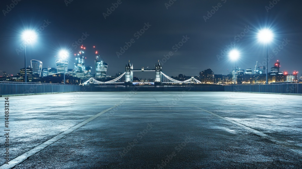 Poster a nighttime view of a bridge with city lights reflecting on a wet surface.