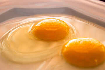 Detalhe de dois ovos crus dentro de um prato de louça branco.