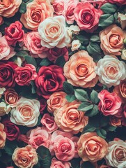 Artificial Flowers Wall for Background in vintage style