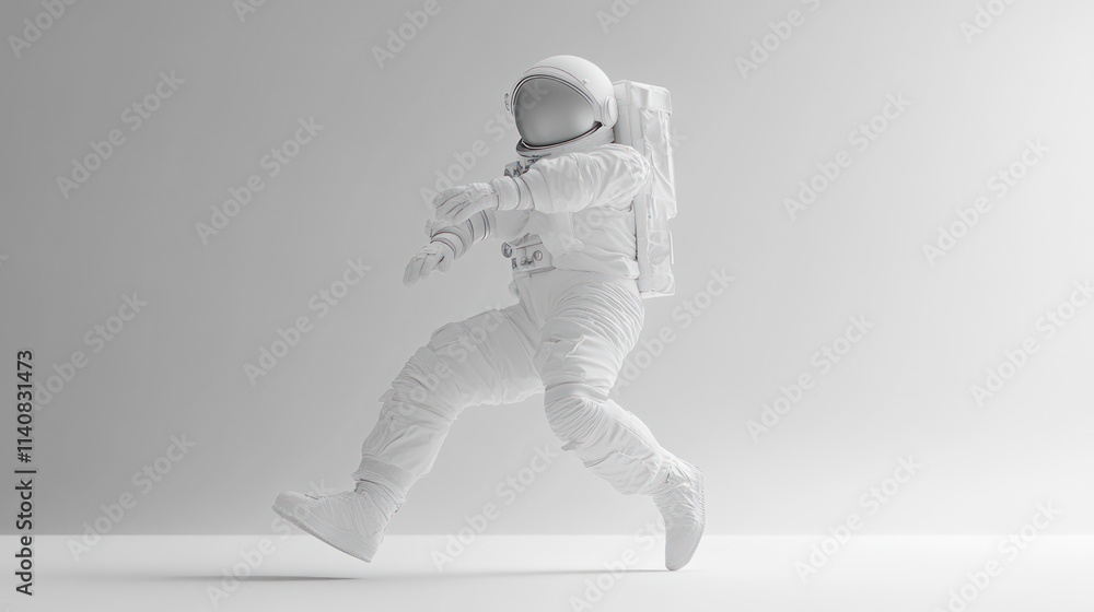 Poster a white astronaut figure in a dynamic pose against a minimalistic background.