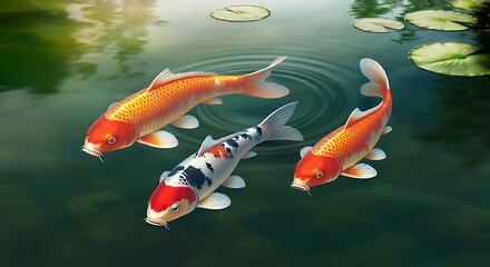 A 3D wallpaper of colorful koi fish swimming in a rippling pond with lily pads