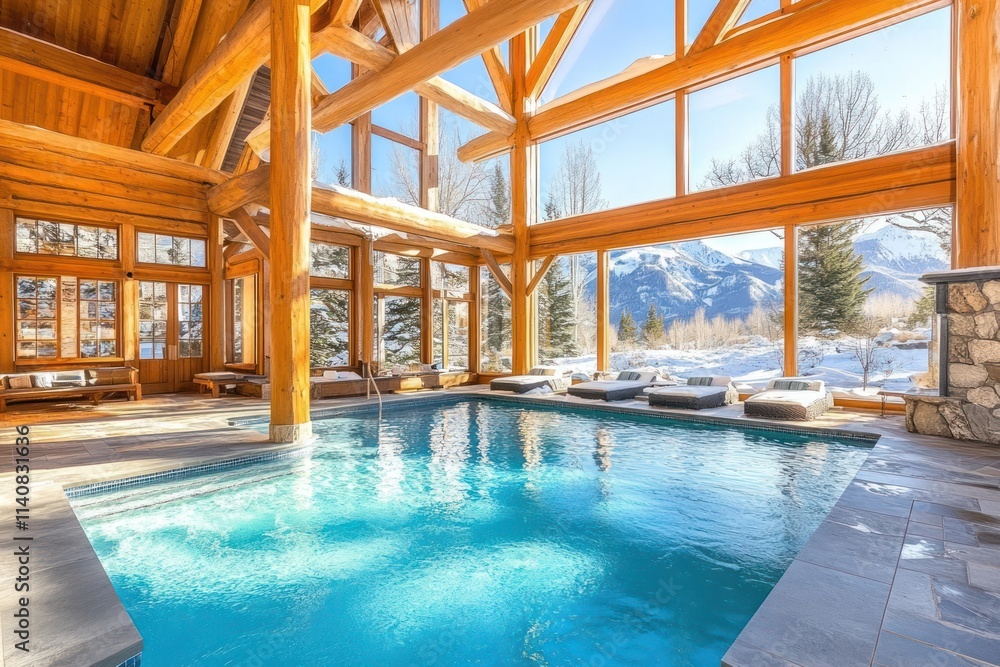 Poster a luxurious indoor pool with large windows showcasing a snowy mountain view.