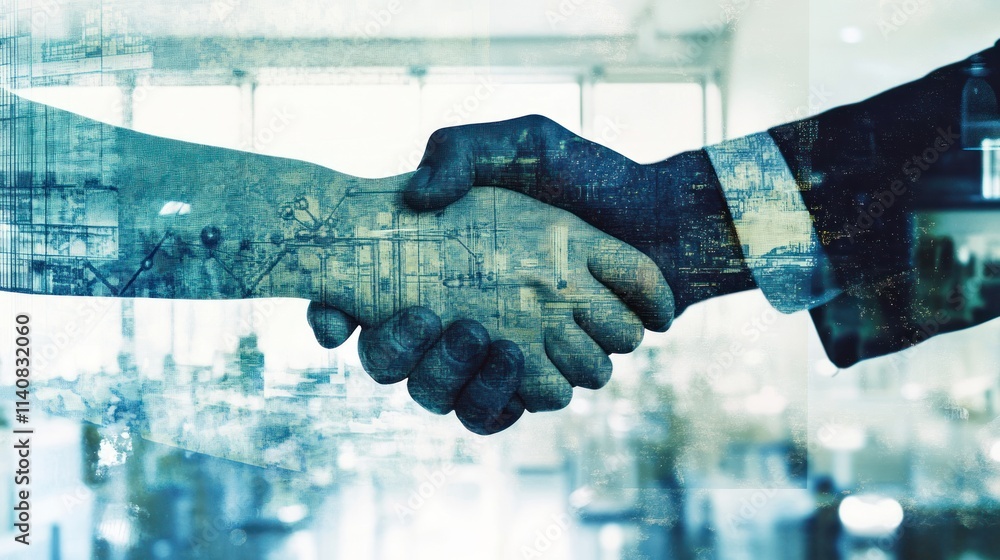 Poster a symbolic handshake representing partnership and collaboration in a business environment.