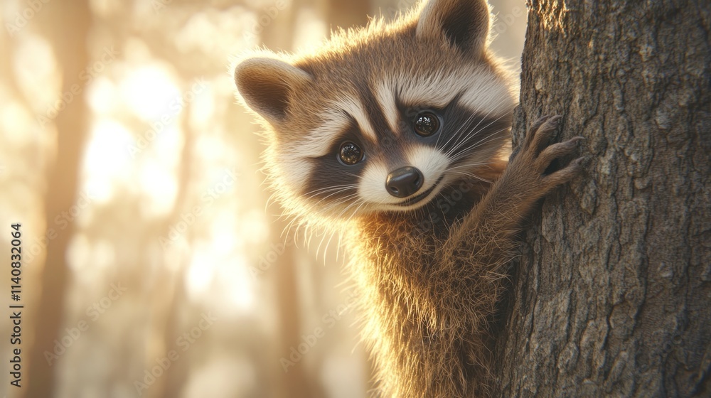 Poster A raccoon peeks from behind a tree, illuminated by soft sunlight in a forest setting.