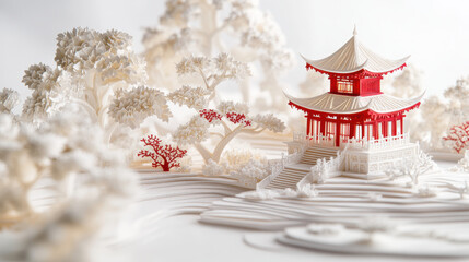 detailed paper cut depiction of traditional Chinese temple surrounded by intricate trees and serene landscapes, blending red and white tones for harmonious and artistic effect