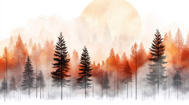 serene autumn forest scene with tall pine trees silhouetted against muted orange gradient sky, merging into soft mist and glowing sun in background