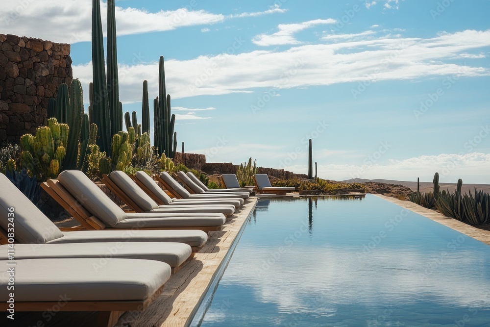 Poster a serene poolside view with lounge chairs and cacti under a clear blue sky.