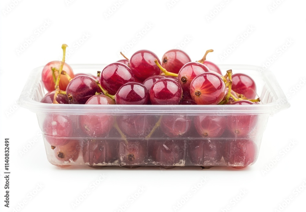 Poster a clear plastic container filled with fresh red grapes.