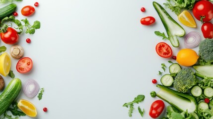 Fresh Colorful Vegetables and Fruits Arranged on a Light Background for Healthy Eating and Cooking Themes