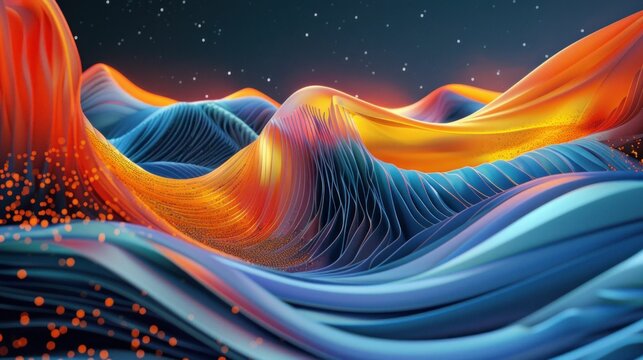 abstract waves, colorful landscape, digital art, vibrant colors, D rendering, neon tones, smooth curves, modern design, fantasy scenery, imaginative visual This image features a mesmerizing landsca