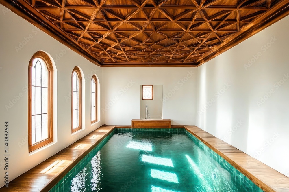 Poster a serene indoor pool with a wooden ceiling and arched windows, promoting relaxation and tranquility.
