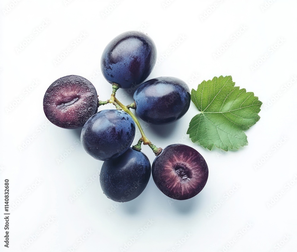 Poster a cluster of plums with a green leaf on a white background.