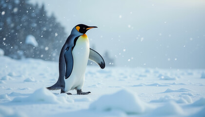 Fototapeta premium Emperor penguin gracefully walking through a snowy landscape with falling snow during an Antarctic storm