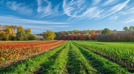 Vibrant fields of maize cultivation  a lush landscape of green rows under the sun