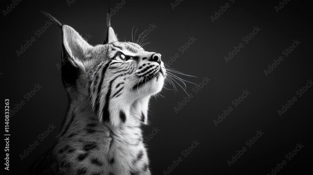 Poster a monochrome portrait of a lynx gazing upwards, highlighting its distinct features.