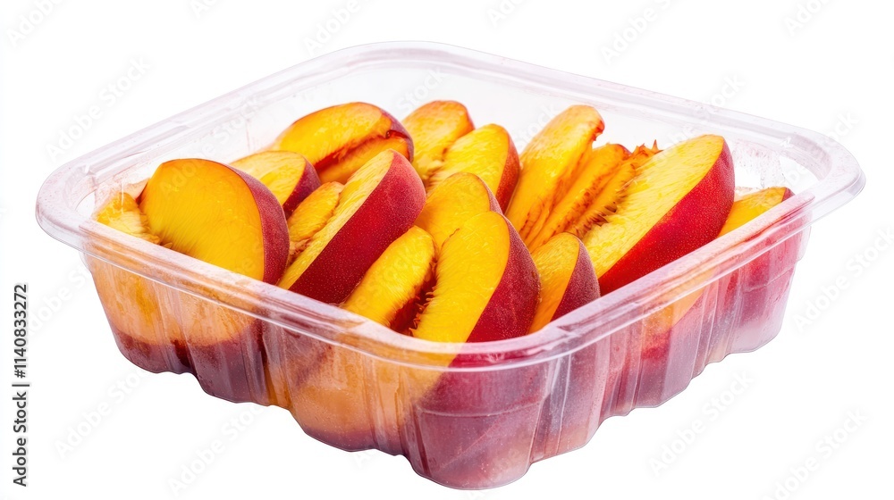 Poster sliced peaches in a clear plastic container, ready for consumption.