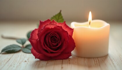 Romantic red rose beside a glowing candle on a wooden surface creating an intimate atmosphere for Valentine’s Day with copy space