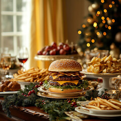 Festive Holiday Dining Table with Burger Sliders, Fries, and Sandwiches &ndash; Cozy and Elegant Setup