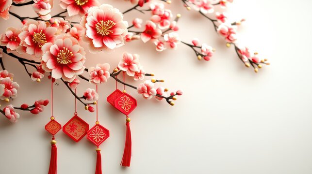 Elegant Chinese New Year paper cut decorations hang from blooming cherry blossoms, symbolizing prosperity and joy in festive celebration