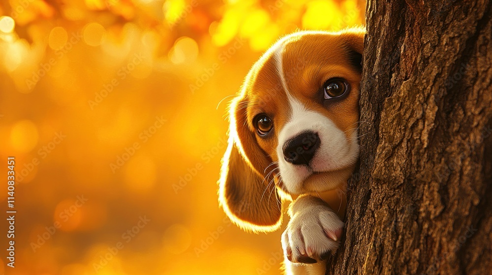 Poster a cute beagle puppy resting against a tree trunk in a warm, autumn setting.