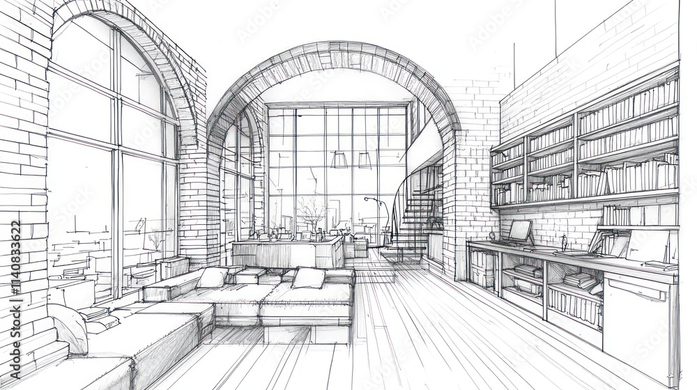 Poster a sketched interior of a modern library with large windows and cozy seating.