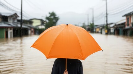 Typhoons bring floods and severe weather. Person with orange umbrella in flood
