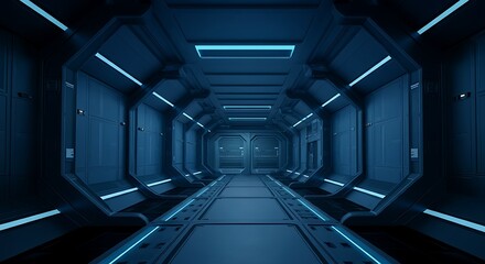 A sci-fi 3D wallpaper featuring a spaceship corridor with glowing blue lights and metallic walls