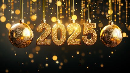 Happy New Year 2025 - the golden numbers 2025 hanging on strings surrounded by golden and transparent glass christmas baubles hanging on strings. Includes semitransparency in the png