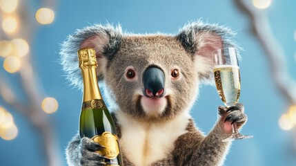Happy new year 2025, new year's eve, silvester party, celebration, funny animal, greeting card with text - Cute koala bear with champagne bottle and champagne glass, isolated on blue background