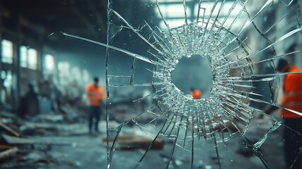 Shattered glass window in a damaged building with workers cleaning up debris.