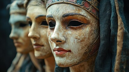 Ornate, aged masks; theatrical, mysterious.