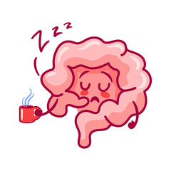 Lazy intestines. Cute character in kawaii style. Intestinal atony. A healthy organ of the digestive system. Ideal for stickers, books, design elements and medical brochures.