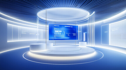 Futuristic 3D rendering of a blue and white gradient circular exhibition hall with an open wall, featuring a digital display surrounded by white cylindrical holographic shelves and an empty glass