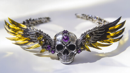 Fototapeta premium Sterling Silver Skull-Winged Bracelet with Purple Gemstone Accents on White Background