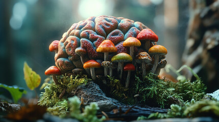 brain rot. A detailed close-up of a brain with colorful mushrooms and moss growing from its folds, placed in a dimly lit setting with soft light creating high contrast on the organic textures.