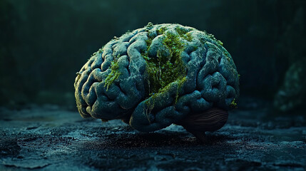 brain rot. A realistic human brain partially decayed, with vibrant green and blue mold or fungi growing on its surface, set on a dark, suitable for metaphors about mental health or decay