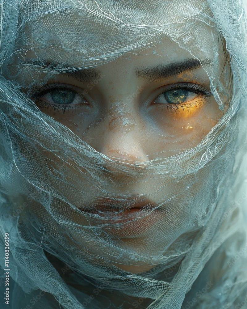 Poster veiled emotion portrait enigmatic setting artistic intimate environment close-up view exploration of