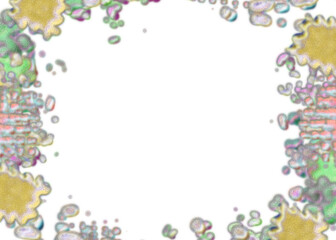 An abstract transparent psychedelic wavy splatter vignette design element overlay.