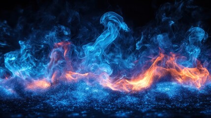 Abstract blue and orange fire flames on dark background.