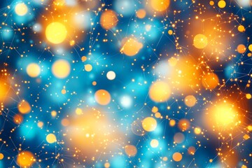 Colorful bokeh lights on a blue background create a vibrant, festive atmosphere.
