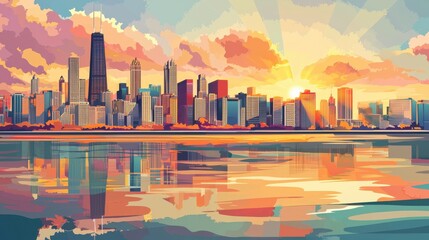 Fototapeta premium Sunset reflections over chicago skyline retro classic print advertisement urban landscape vibrant colors aesthetic perspective