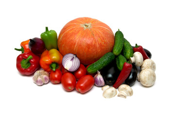 Vegetables and champignons on a white background.