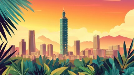 Obraz premium Retro classic print advertising featuring taipei cityscape at sunset digital artwork urban jungle environment vibrant viewpoint