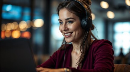 Obraz premium Smiling woman wear headphones talk video calling, communicating with clients, using laptop, watching webinar or video stream conference, remote work from home. Distance education