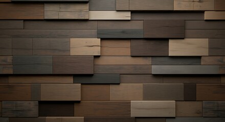 A rustic 3D wallpaper of stacked wooden planks with varying textures and shades.