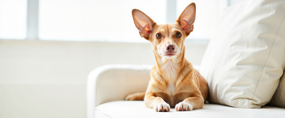 Chihuahua portrait on couch with text space, pet photography