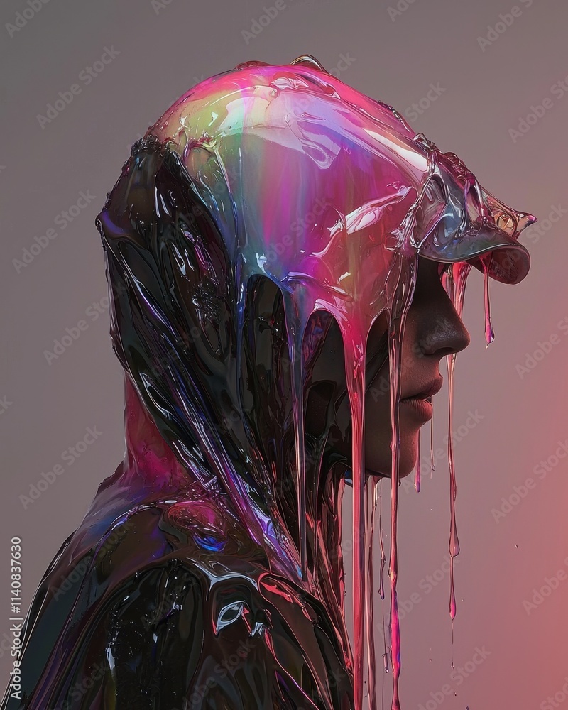 Poster self-doubt expression in art studio digital abstract side view colorful paint dripping