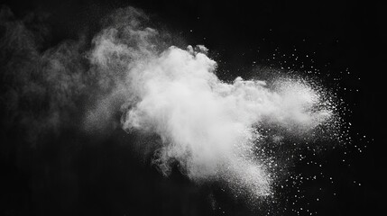 A white powder explosion on a black background, creating a colorful cloud of dust. 